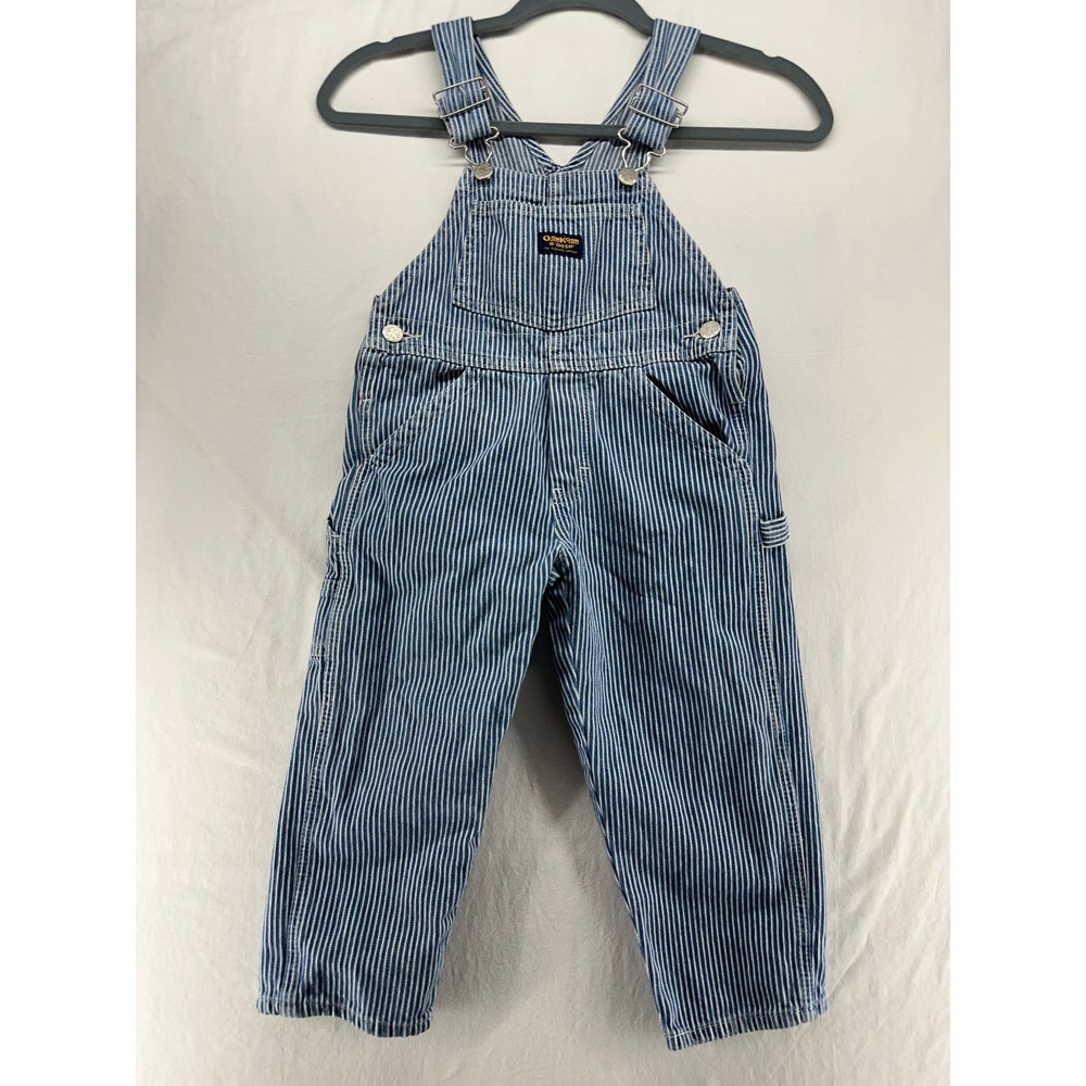 OshKosh B'gosh Kids Blue Hickory Railroad Stripe Denim Overalls Size 4 Vintage